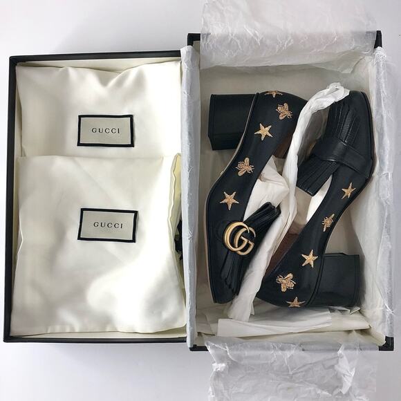 Gucci GG Marmont Fringe Quentin Bee Embroidered Platform Heeled Loafers Pumps 37 - Picture 9 of 9